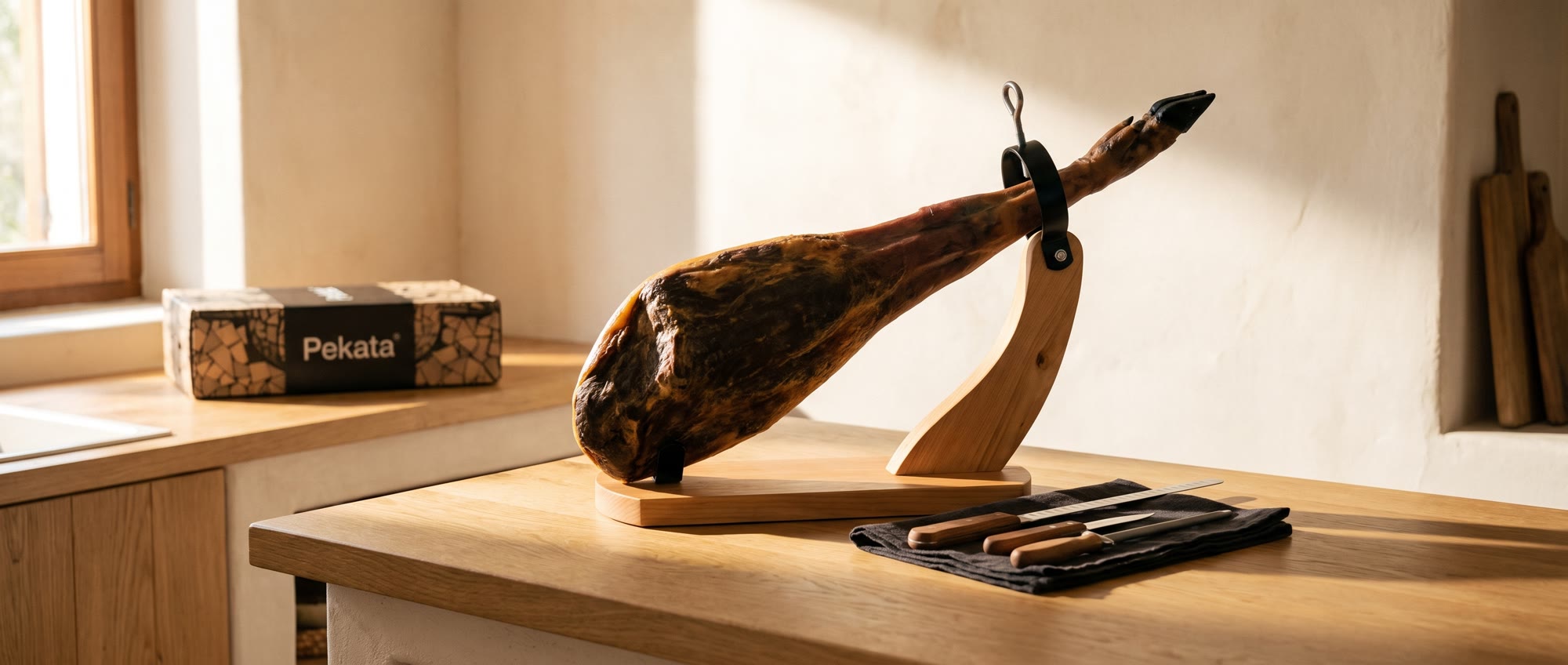 A whole Spanish ham on its stand, next to the carving knives and a Pekata box