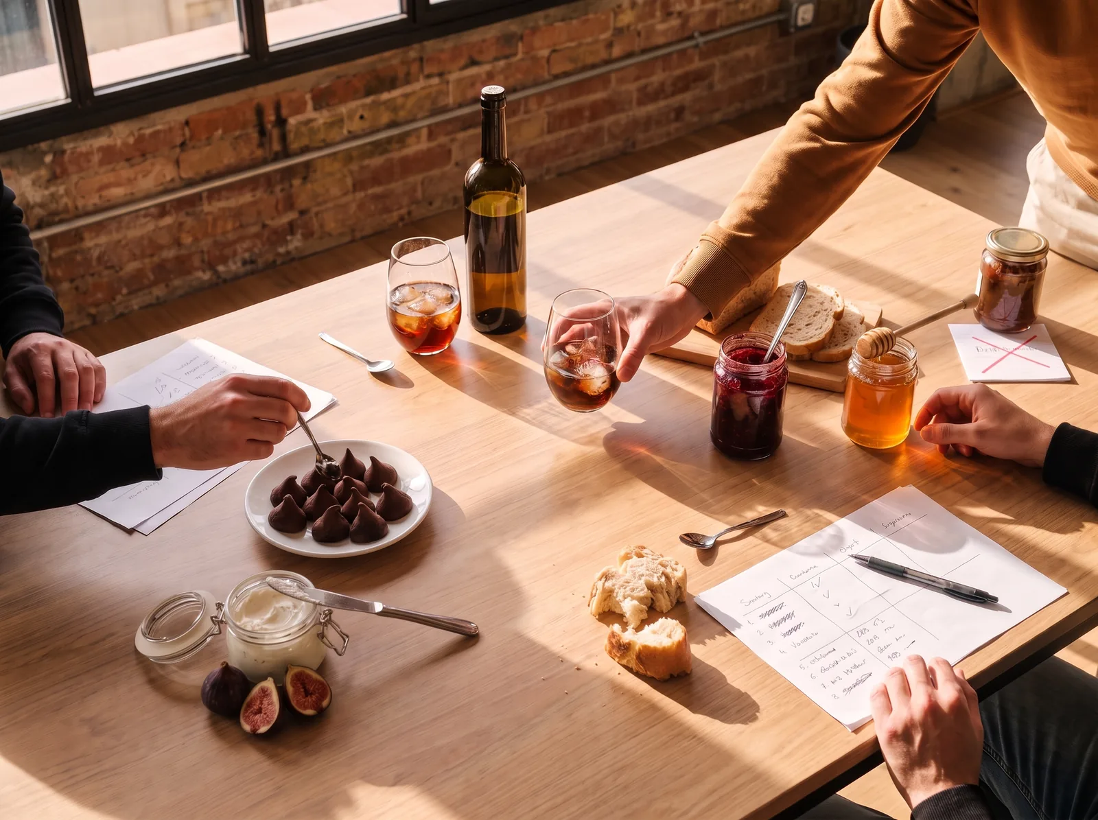 Tavolo di degustazione del team con pane, confetture, fichi e schede di valutazione dei prodotti