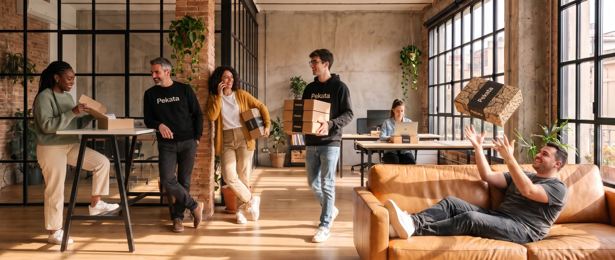 Il team di Pekata nel loro ufficio loft di Barcellona con le scatole del marchio