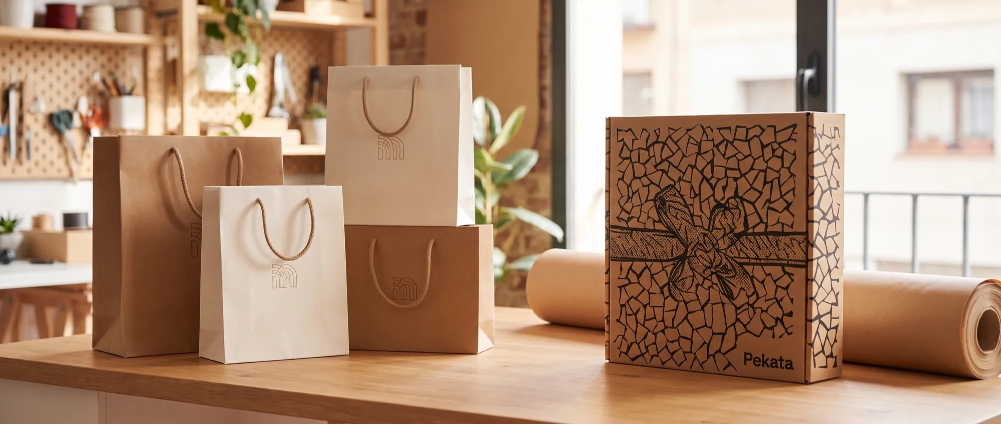 Borse di carta kraft con manico di corda personalizzate con il logo di un'azienda
