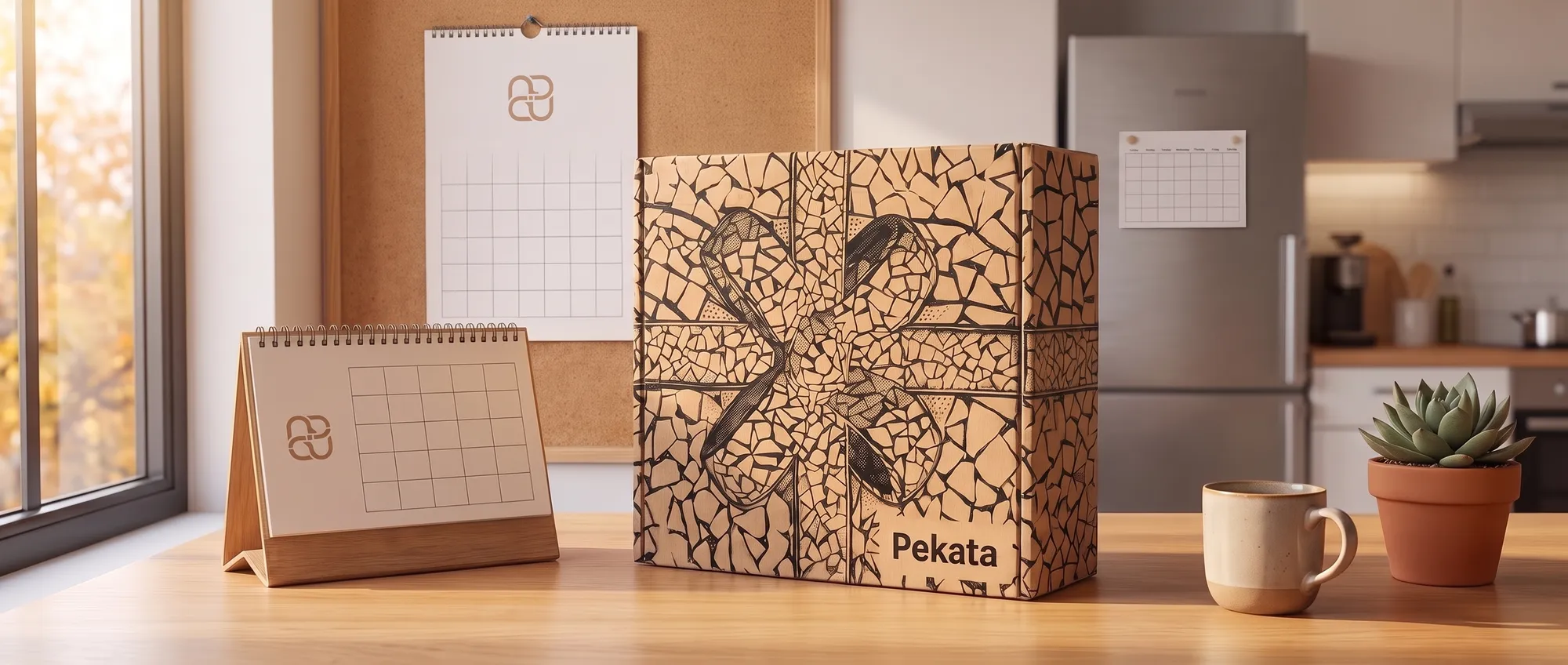 Calendario da tavolo e calendario da parete con il logo dell'azienda su una scrivania, accanto a una scatola Pekata e un calendario magnetico sul frigorifero dell'ufficio