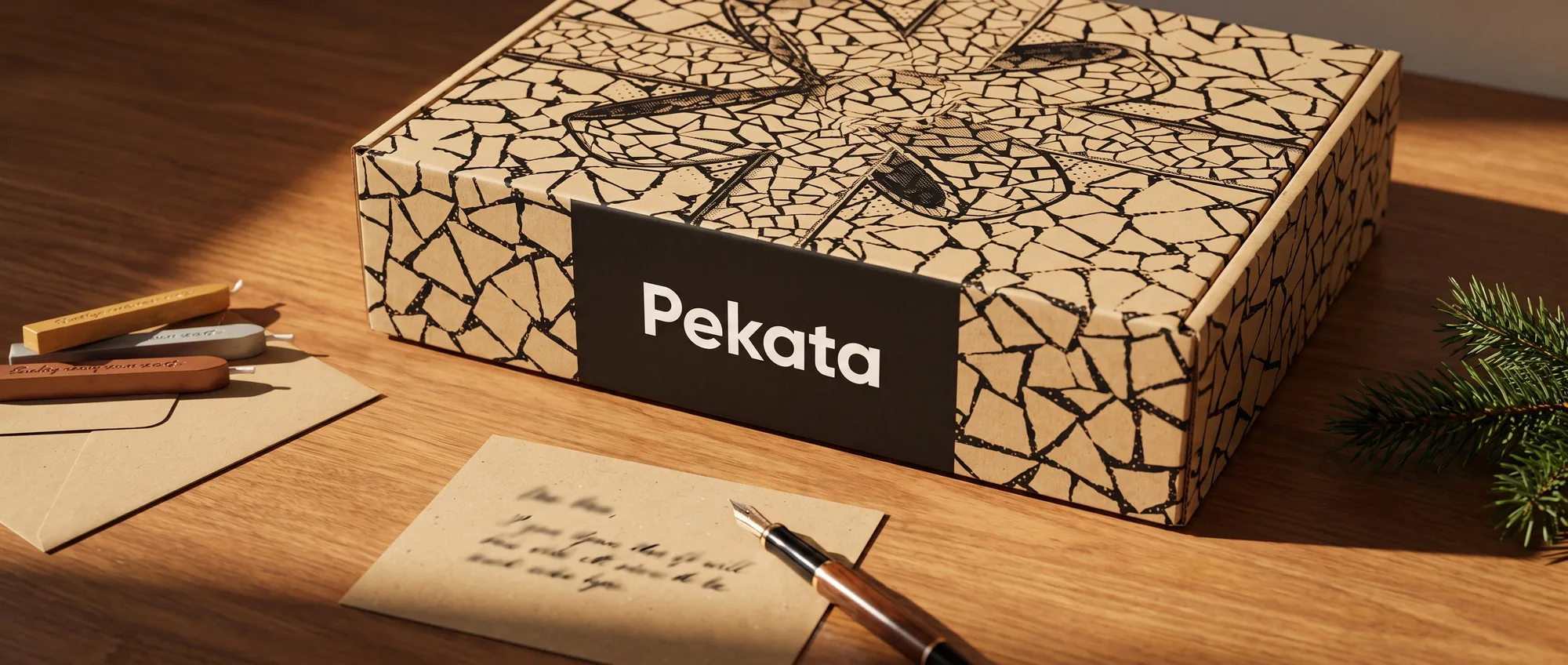 Pen on a kraft card next to an envelope and a Pekata Christmas box with trencadís pattern
