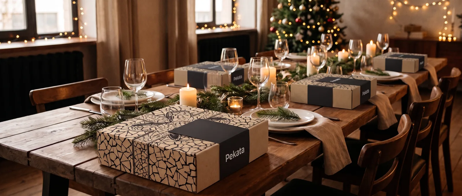 Tavola lunga preparata per una cena di Natale aziendale con una scatola Pekata in ogni posto