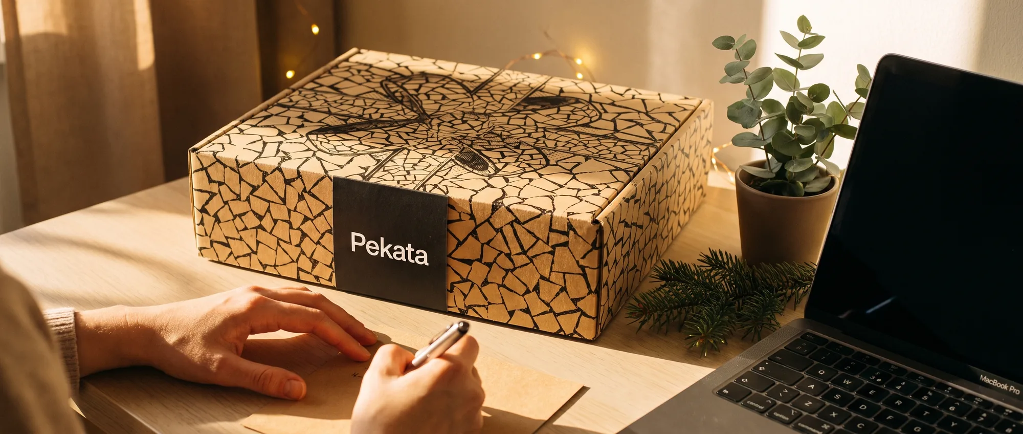 Mani che scrivono un biglietto kraft accanto a una scatola di Natale Pekata chiusa su una scrivania d'ufficio