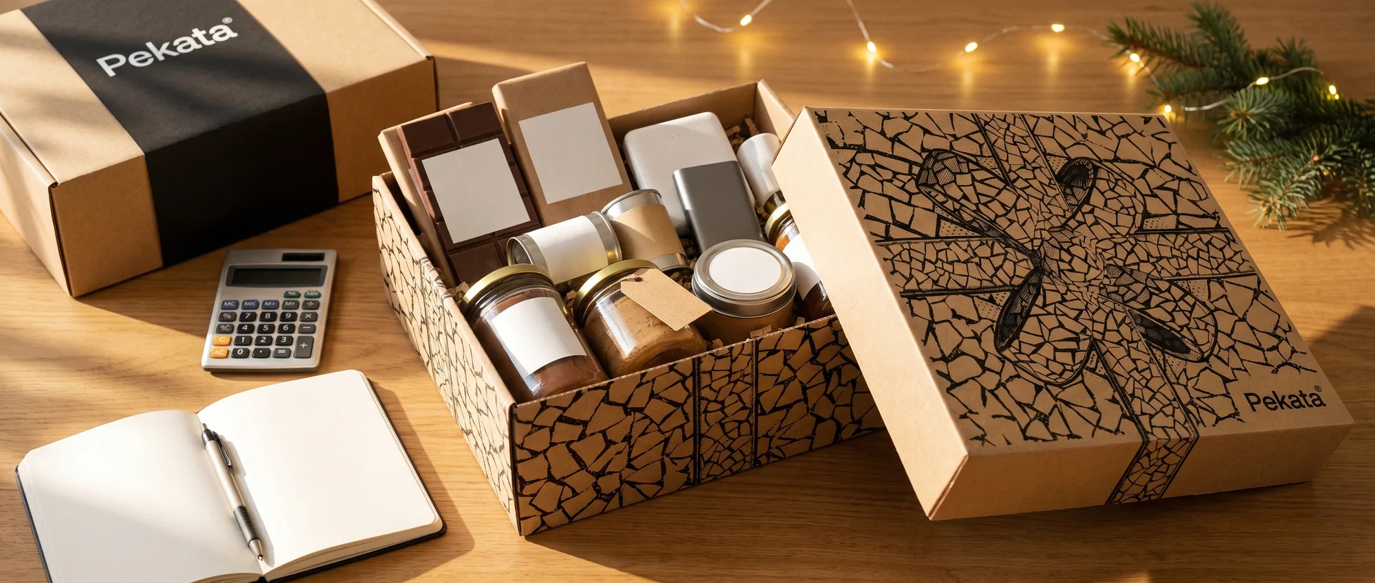 Open Pekata Christmas hamper box next to a calculator and notebook on a wooden desk