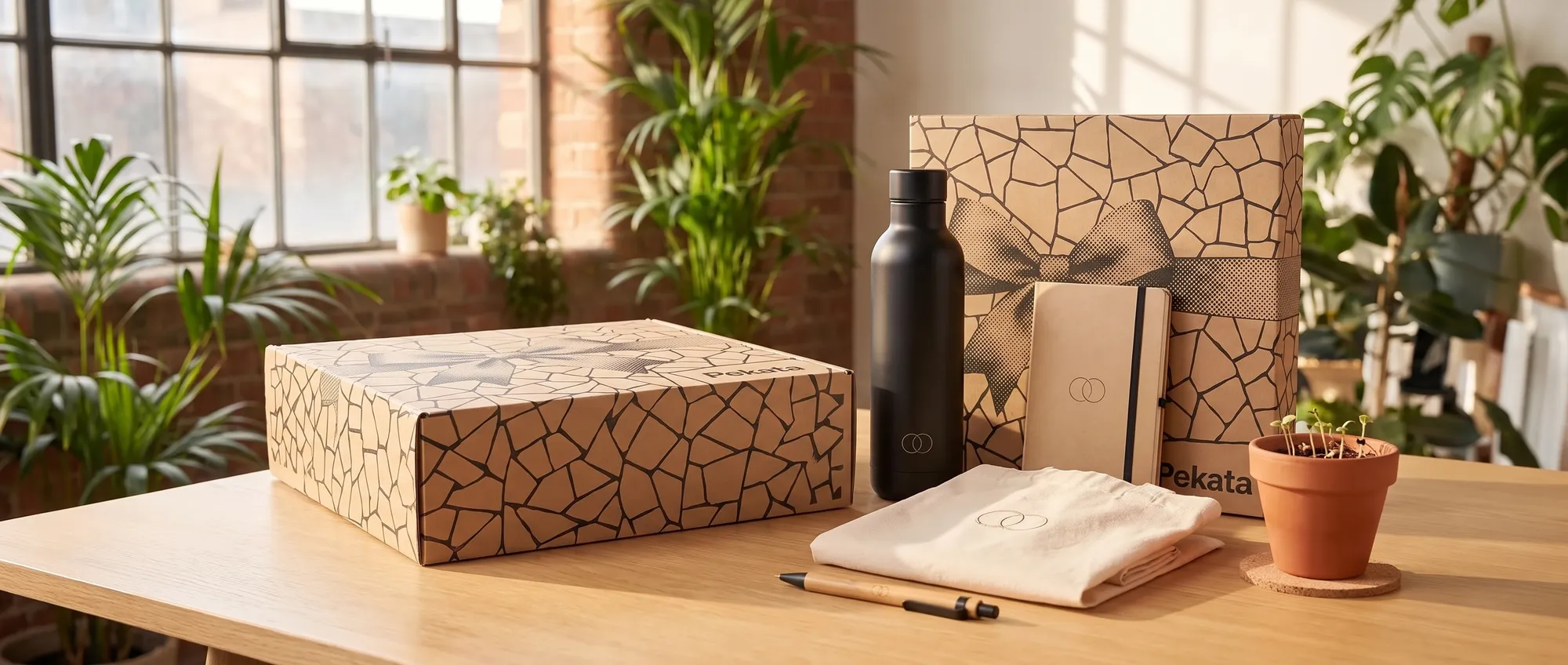 Merchandising sostenibile con lo stesso logo — bottiglia in acciaio, quaderno riciclato, tote in cotone organico, penna in bambù e vaso con semi — accanto a una scatola Pekata