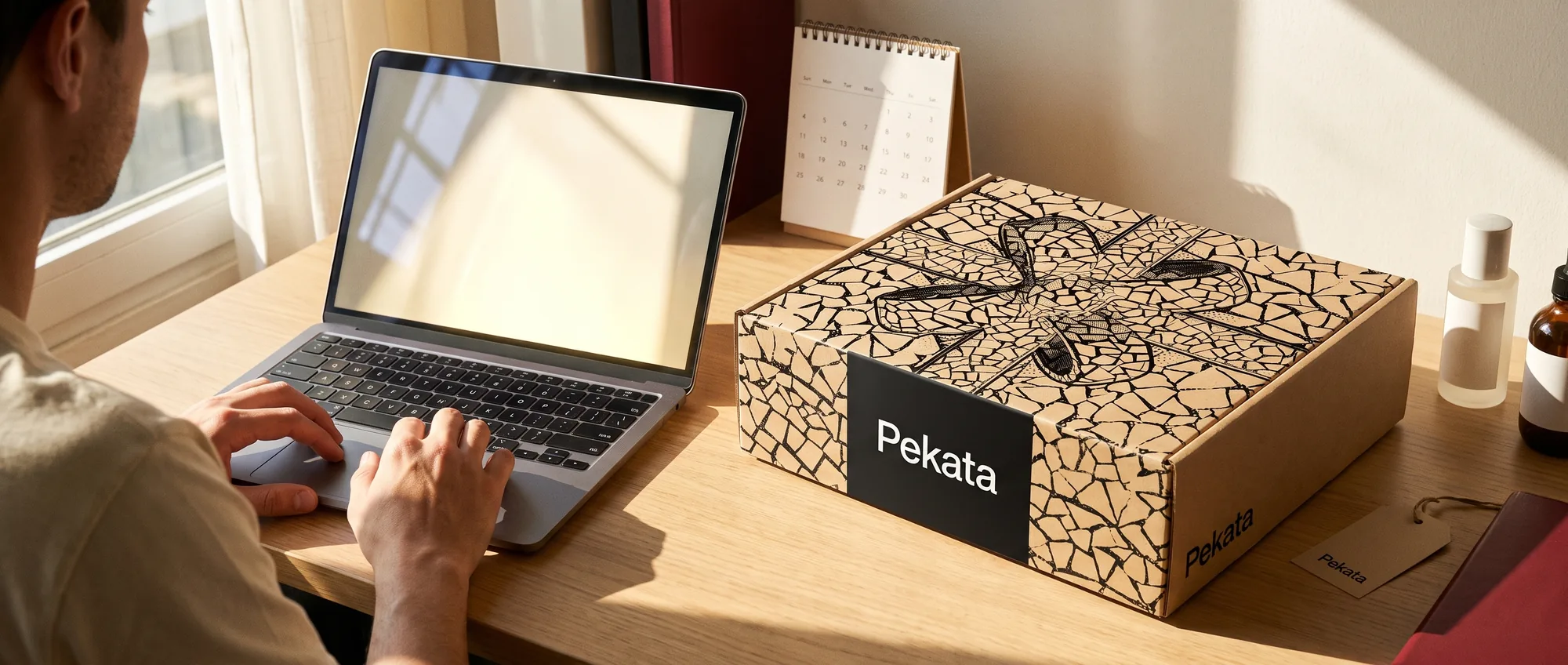 Persona che sceglie il suo regalo sul portale di selezione di Pekata su un portatile, accanto a una scatola Pekata chiusa