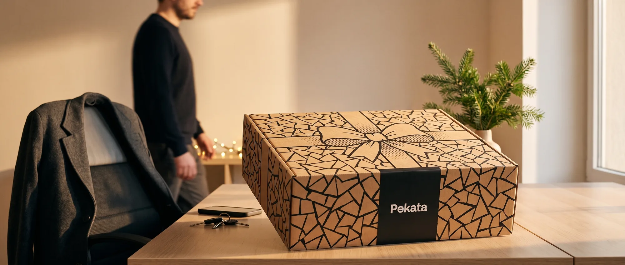 Pekata kraft Christmas box with trencadís design on an office desk with winter light