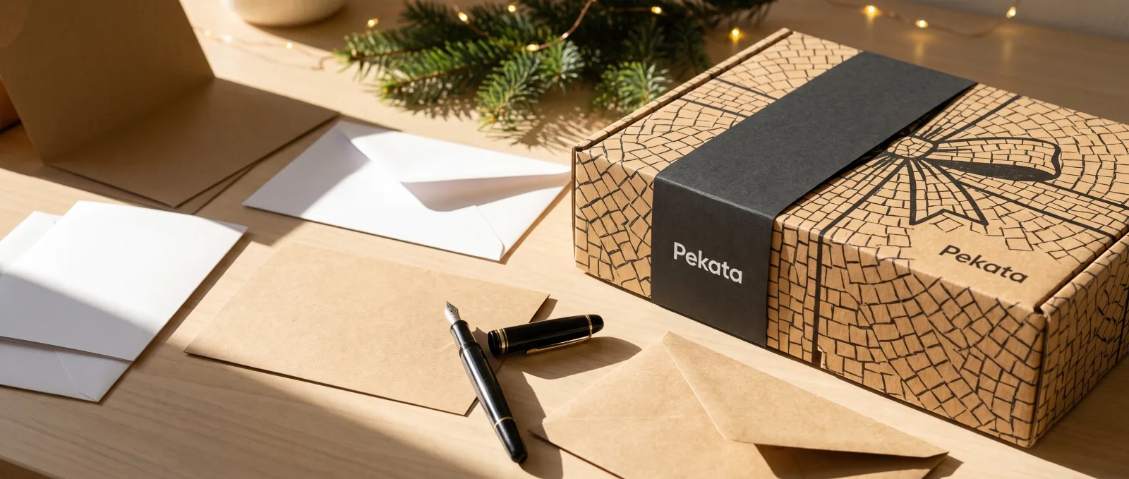 Biglietti kraft in bianco e una penna accanto a un pacco di Natale Pekata, pronti per scrivere la dedica