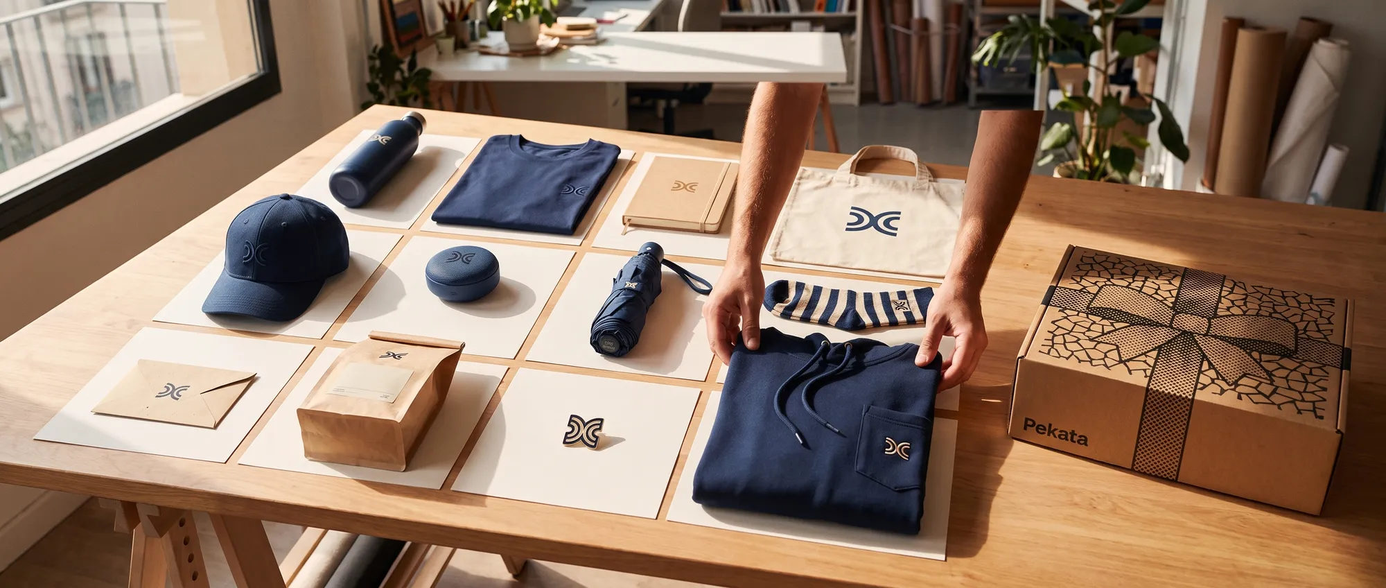 Mood board di idee di merchandising su un tavolo: bottiglia, maglietta, quaderno, tote bag, cappellino e altri articoli con lo stesso logo