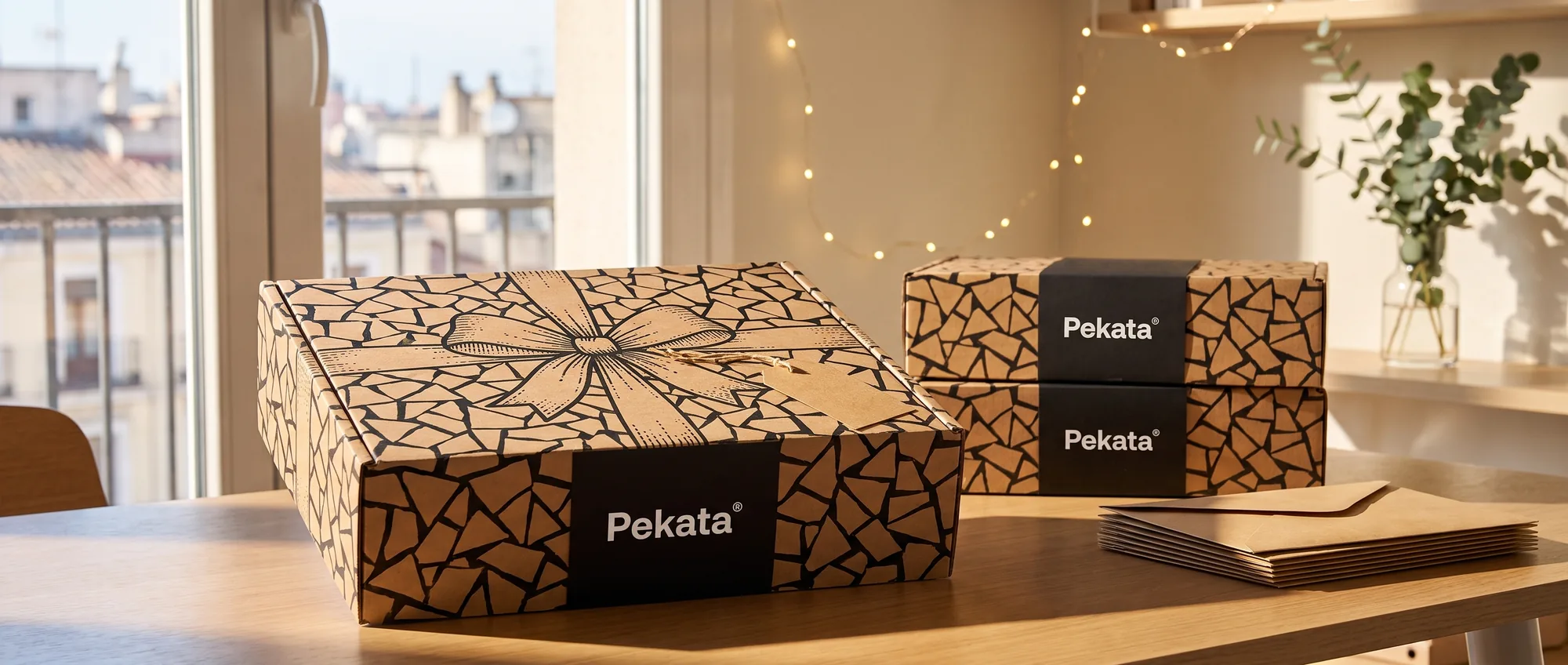 Scatola di Natale Pekata kraft con motivo trencadís accanto a una pila di buste kraft e un'etichetta di spedizione bianca