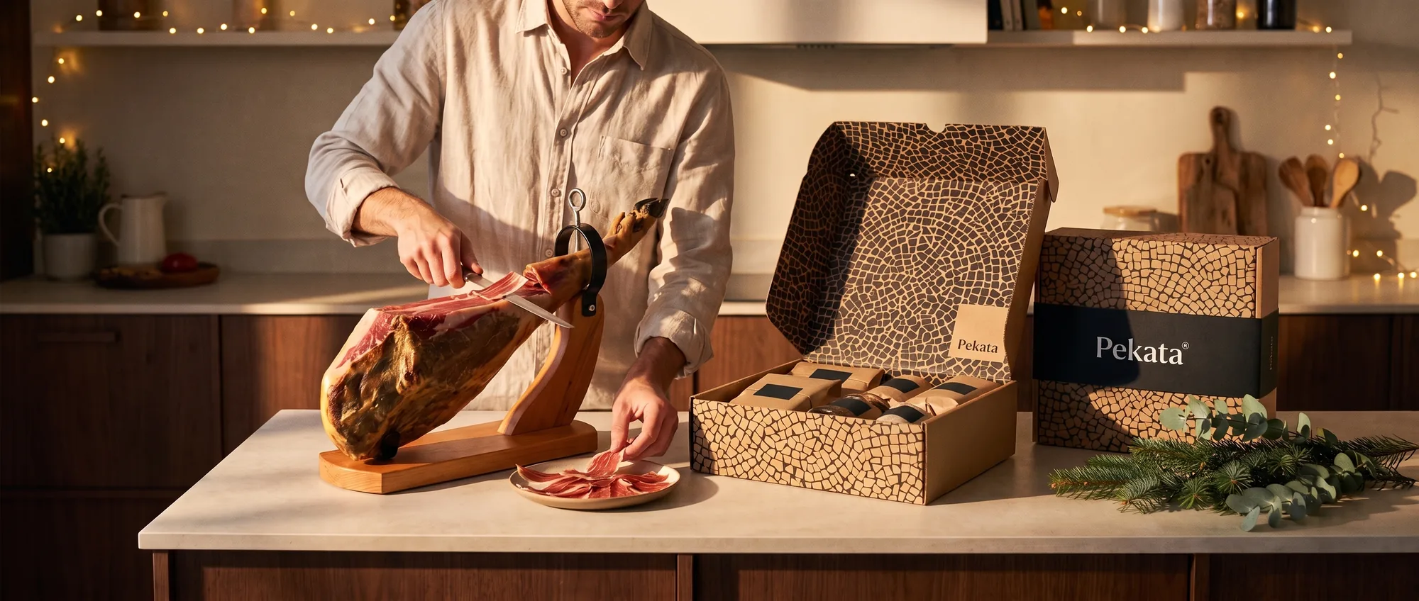 Persona che taglia un jamón accanto a una scatola di pacco natalizio Pekata aperta con prelibatezze avvolte in carta kraft