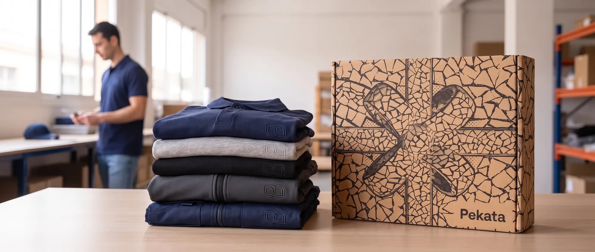 Polo, t-shirt tecniche, giacca softshell e gilet da lavoro con il logo ricamato su un banco di magazzino, accanto a una scatola Pekata