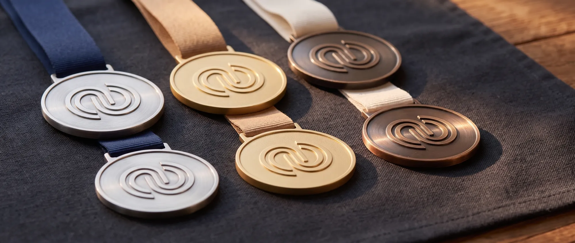 Medaglie in zamak, metacrilato e legno personalizzate con il logo di un'azienda e nastro sublimato
