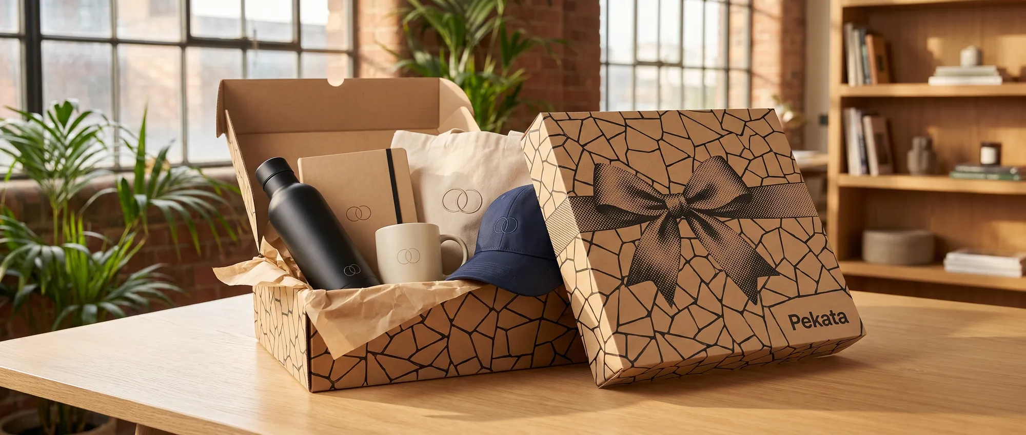 Bottiglia, quaderno, tazza, borsa tote e cappellino con lo stesso logo aziendale accanto a una scatola Pekata aperta su un tavolo d'ufficio
