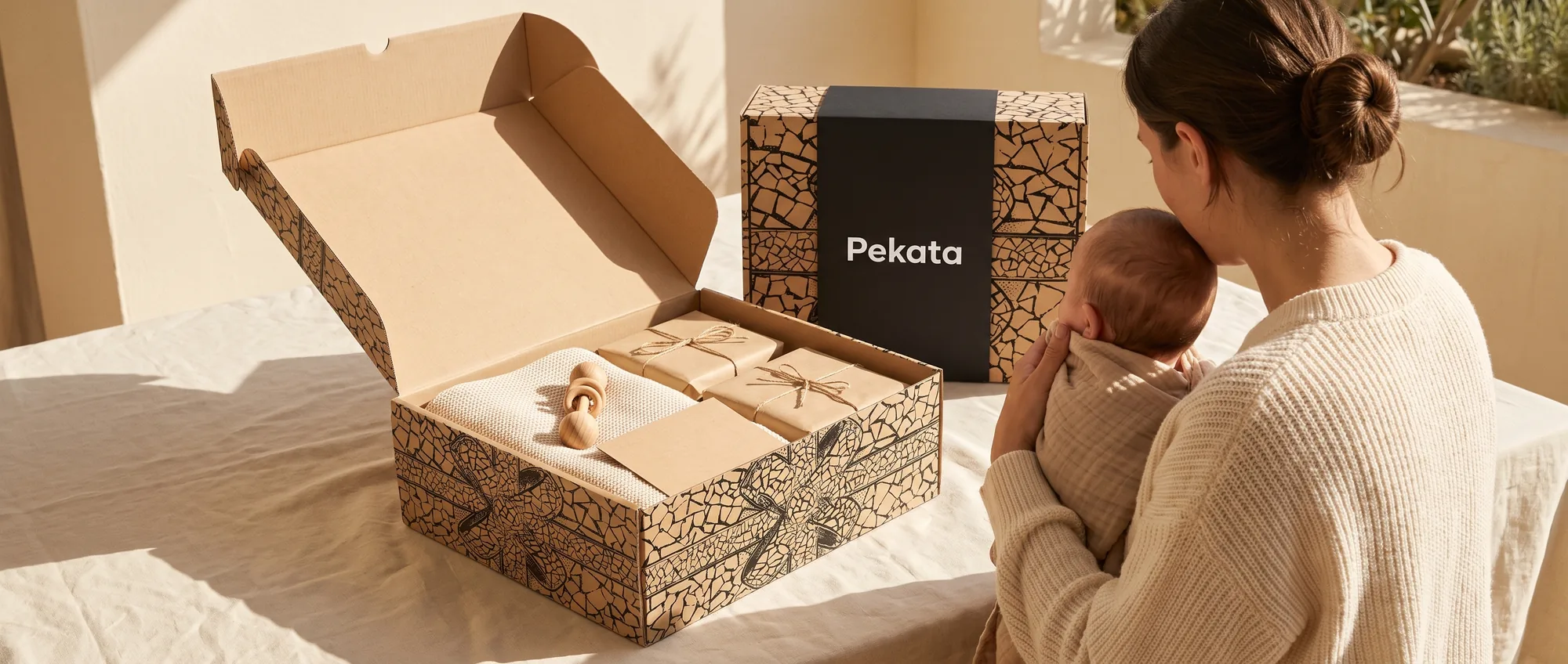 Scatola Pekata aperta con una coperta a maglia, un giocattolo di legno e una carta kraft su una superficie di lino