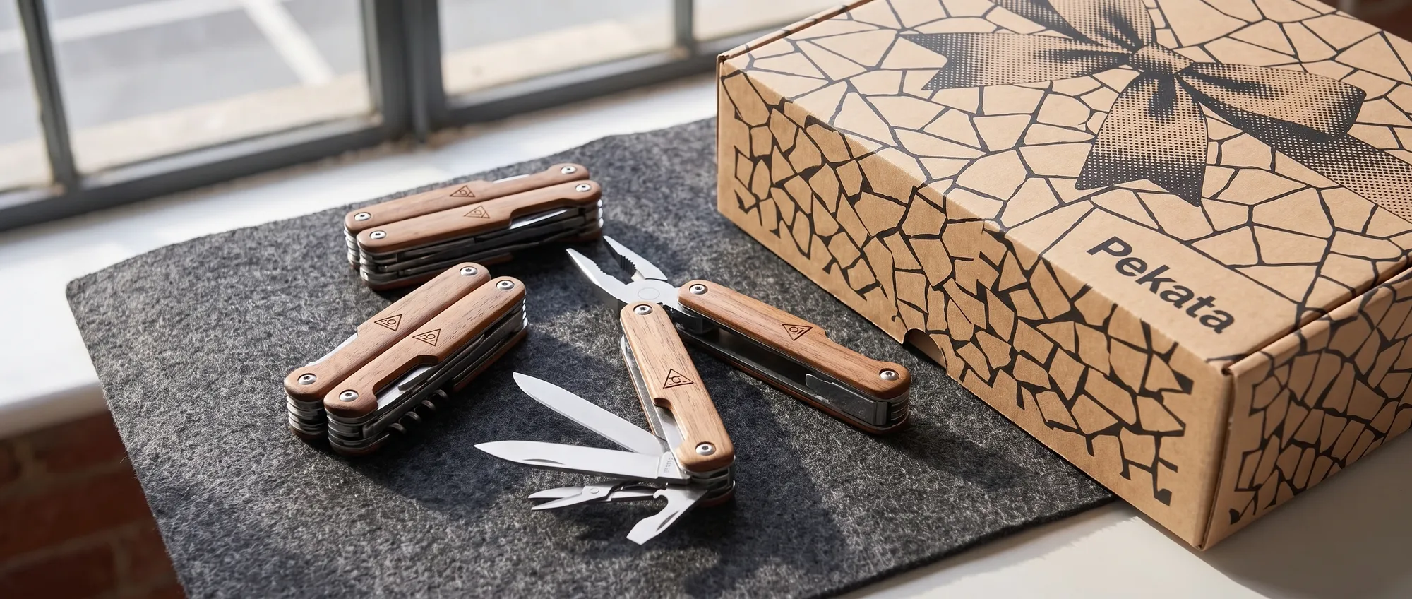 Coltello multiuso in acciaio inossidabile con il logo di un'azienda inciso al laser sull'impugnatura