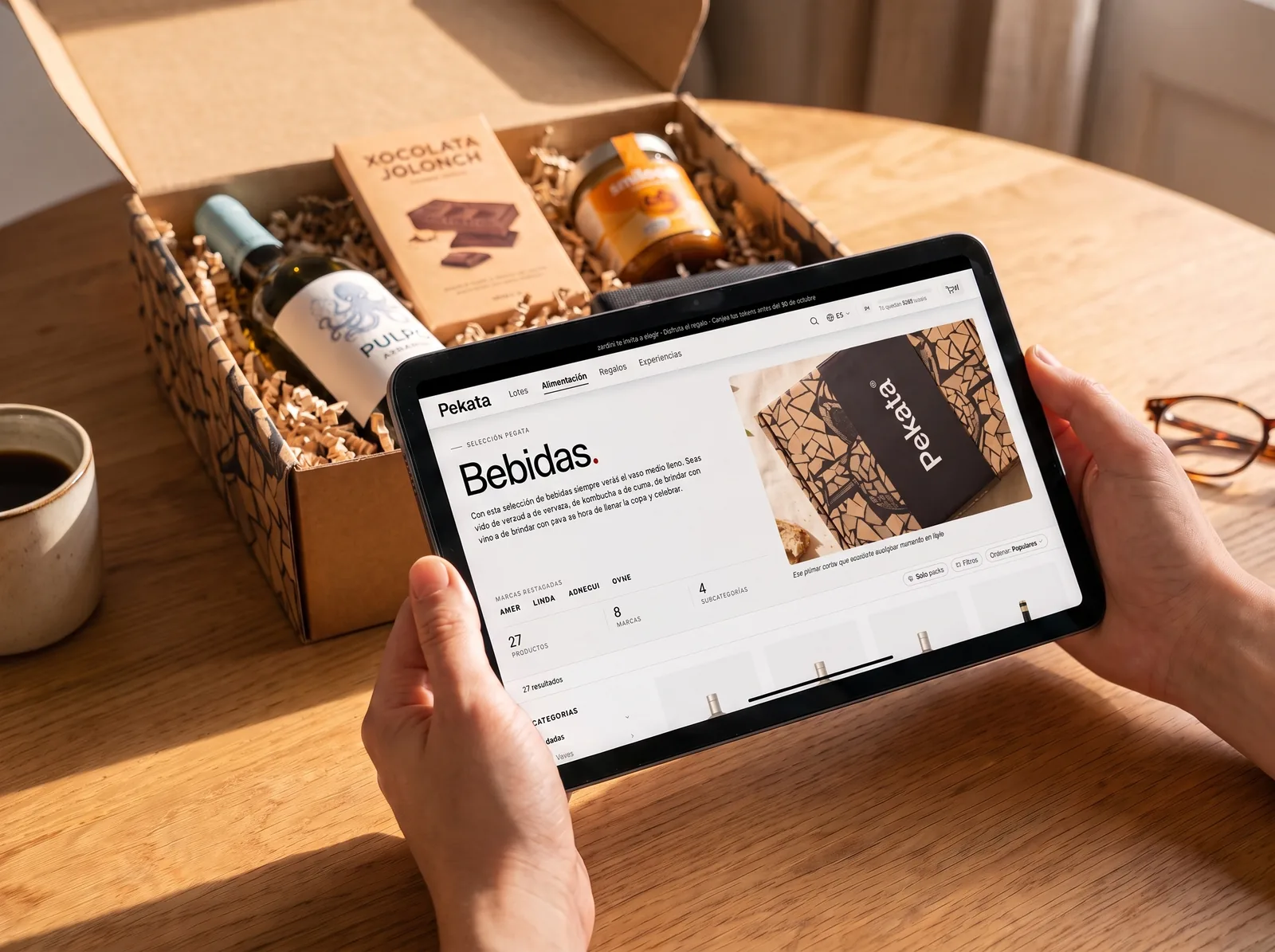 Tablet che mostra il portale di selezione Pekata accanto a una scatola aperta con prodotti