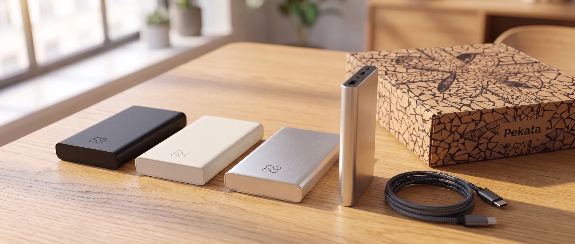Power bank in alluminio con logo aziendale inciso, accanto al suo cavo USB-C