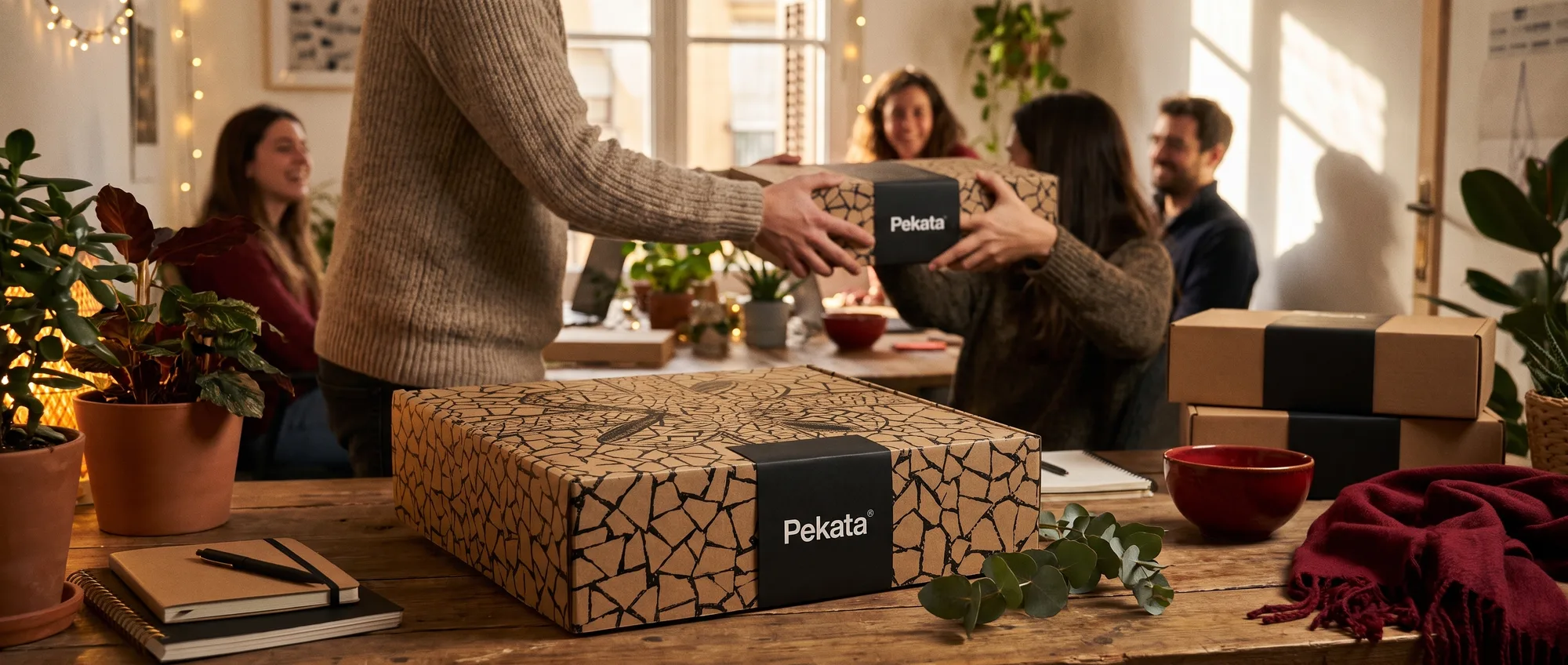 Colleagues from a small business exchanging Pekata Christmas boxes in a cosy office