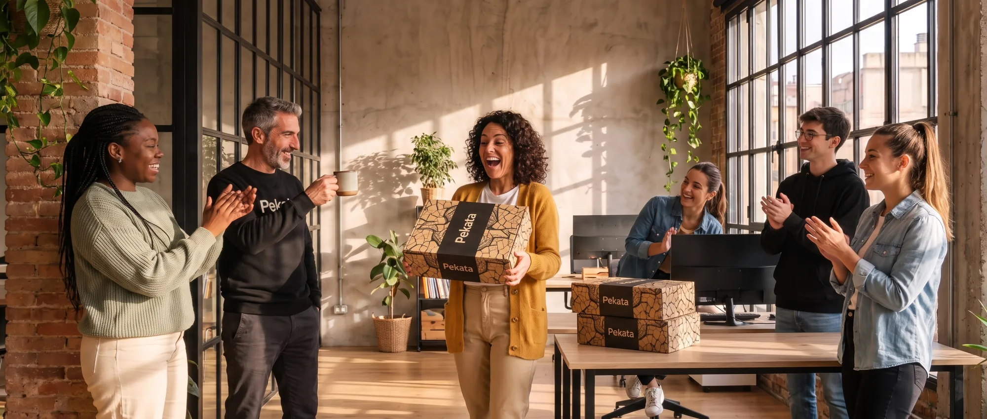 Team che celebra la consegna di una scatola regalo Pekata in ufficio