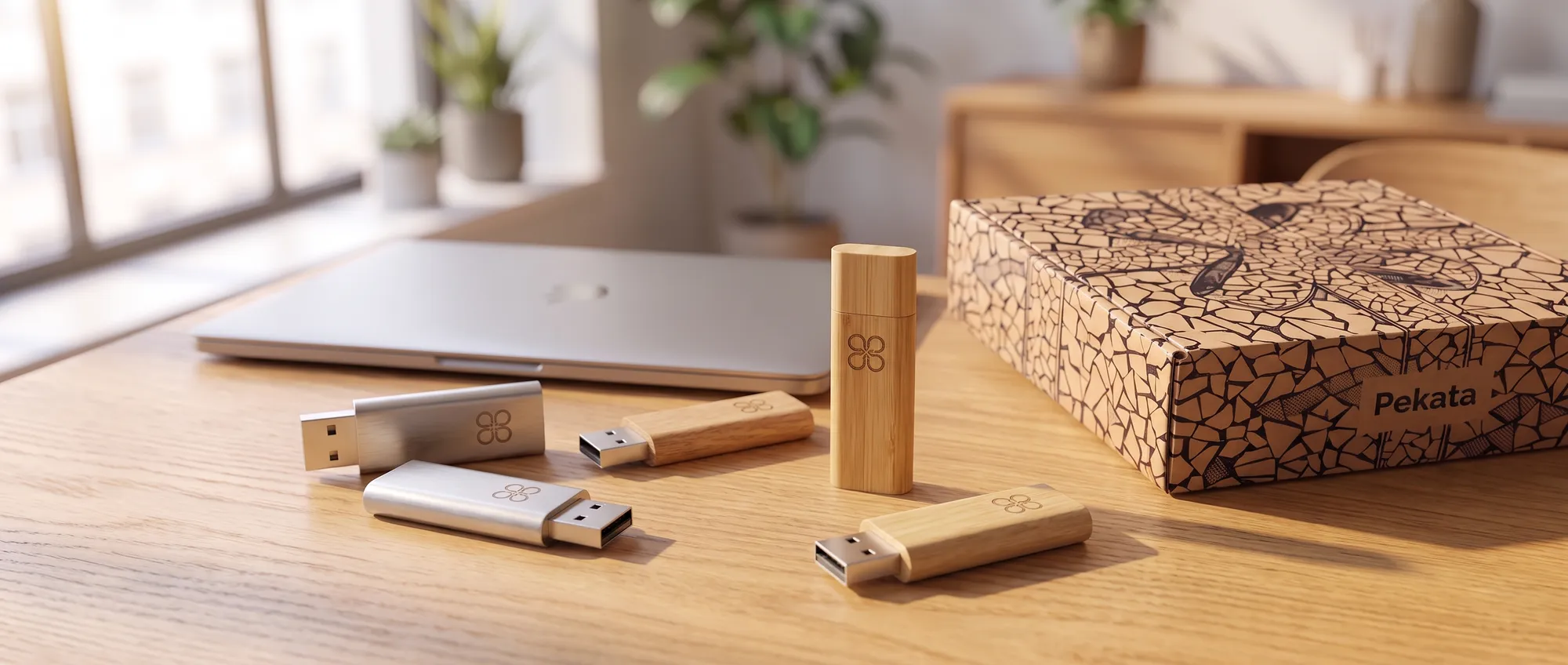 Chiavette USB personalizzate in metallo e bambù con il logo di un'azienda inciso